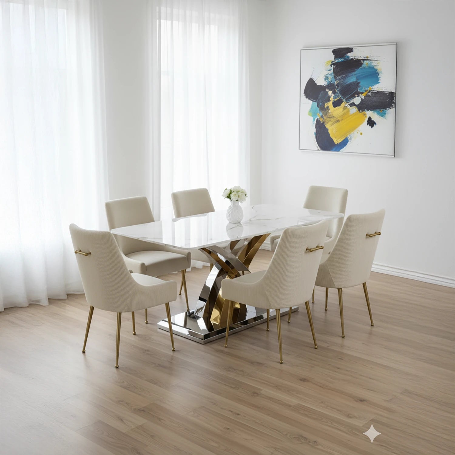 Dolce Cream Marble Dining Table with Mason Cream Velvet Dining Chairs - Pendle Village Furniture