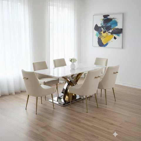 Dolce Cream Marble Dining Table with Mason Cream Velvet Dining Chairs - Pendle Village Furniture