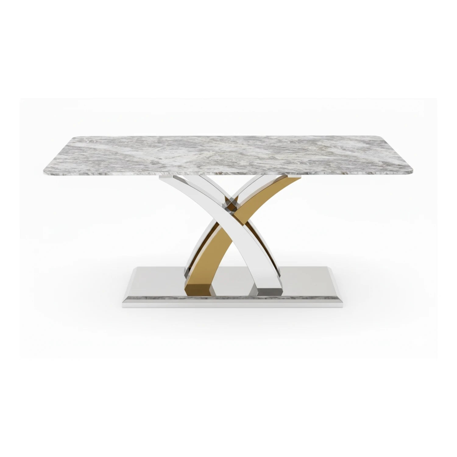 Dining table with grey marble top and gold and silver metal base on a white background