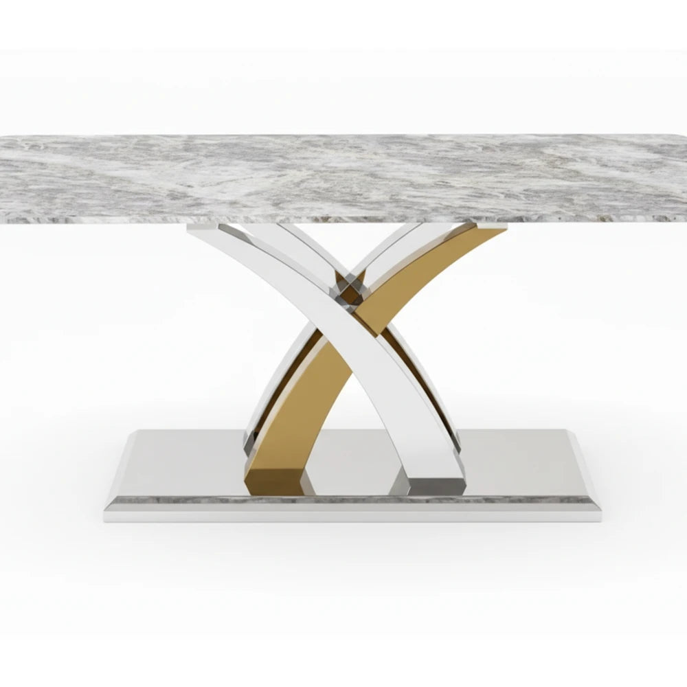 Close up of Dolce Grey Marble Dining Table with Gold and Chrome Base
