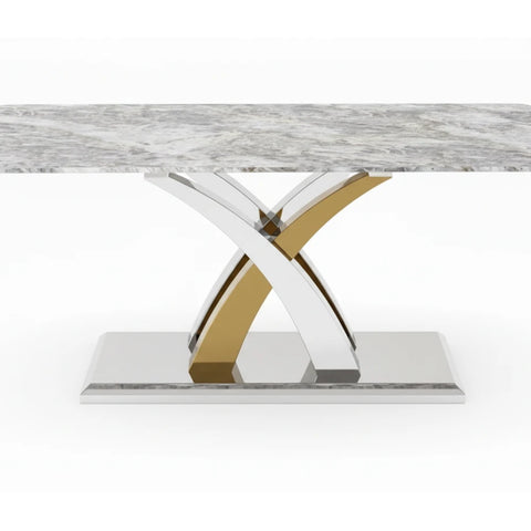 Close up of Dolce Grey Marble Dining Table with Gold and Chrome Base