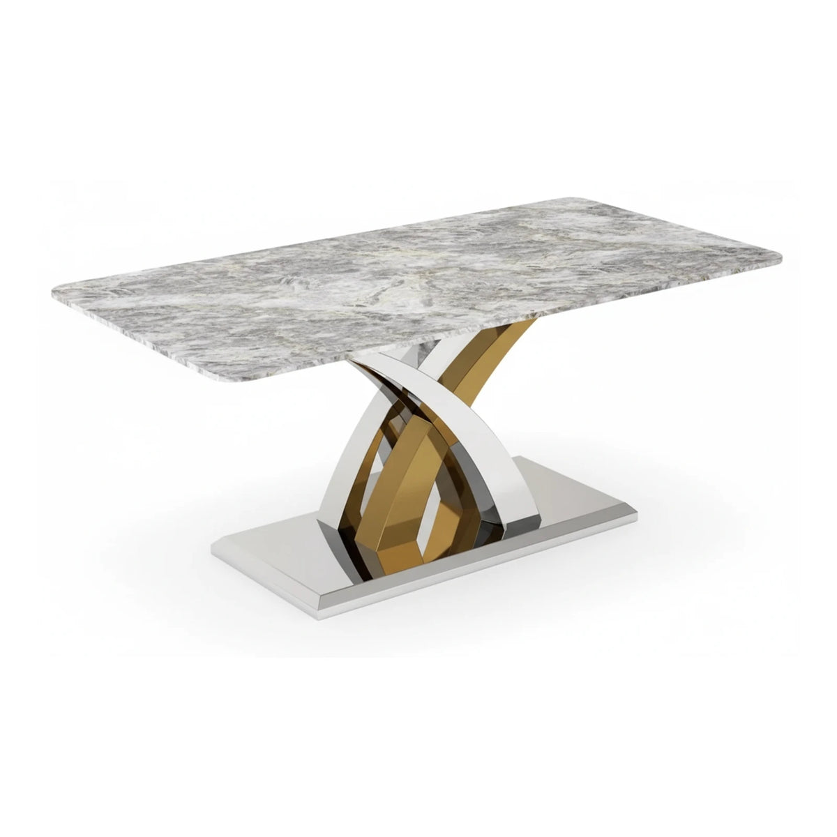 Dining table with marble top and modern metal base on a white background