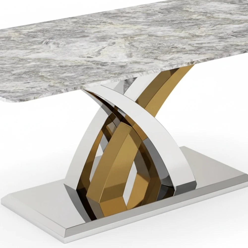 Dolce Grey Marble Dining Table with Gold and Chrome Base - Close up