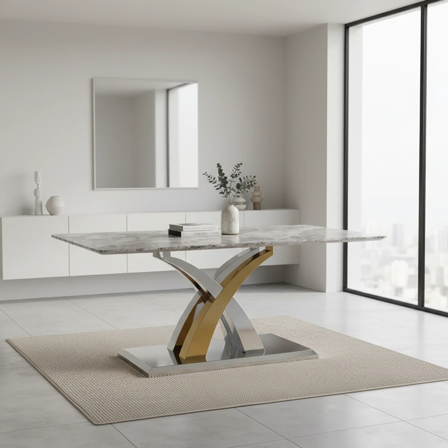 Modern dining table with grey marble top and gold and silver base in a minimalistic room.