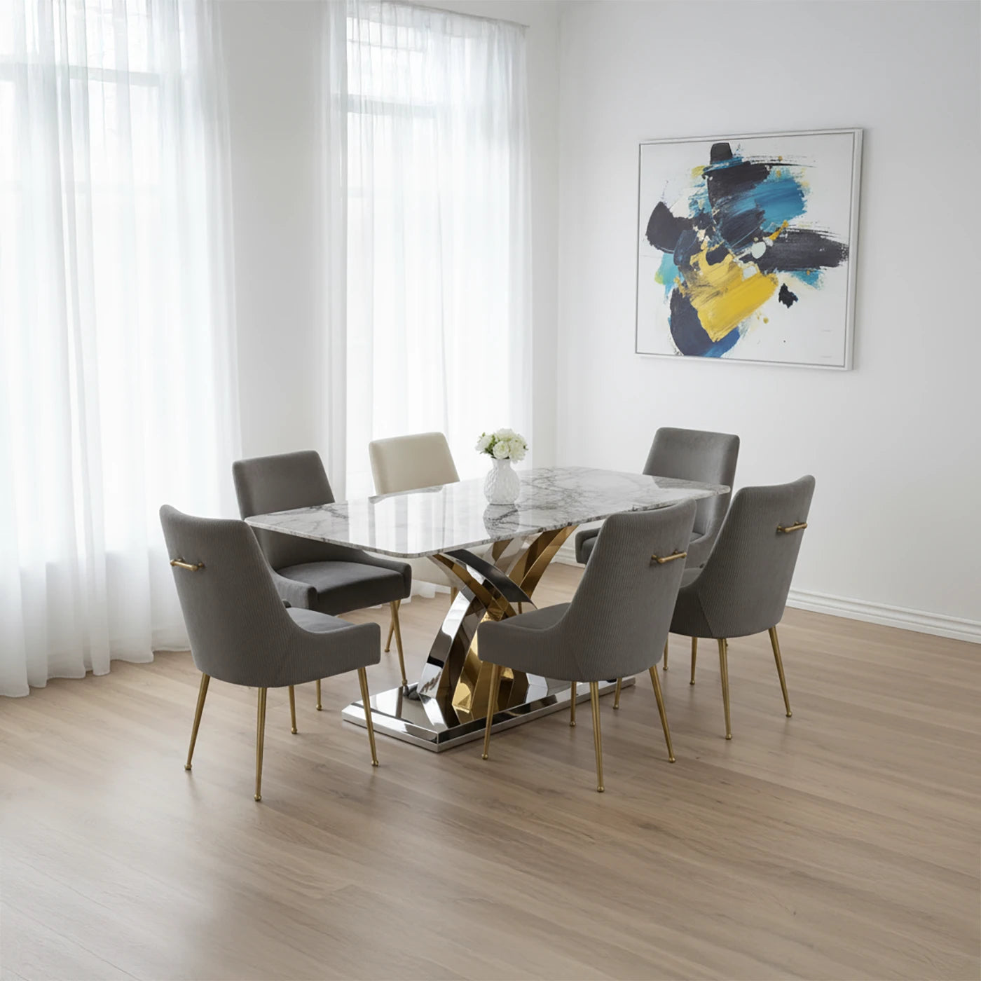 Dolce Grey Marble Dining Table with Mason Dark Grey Velvet Dining Chairs - Pendle Village Furniture
