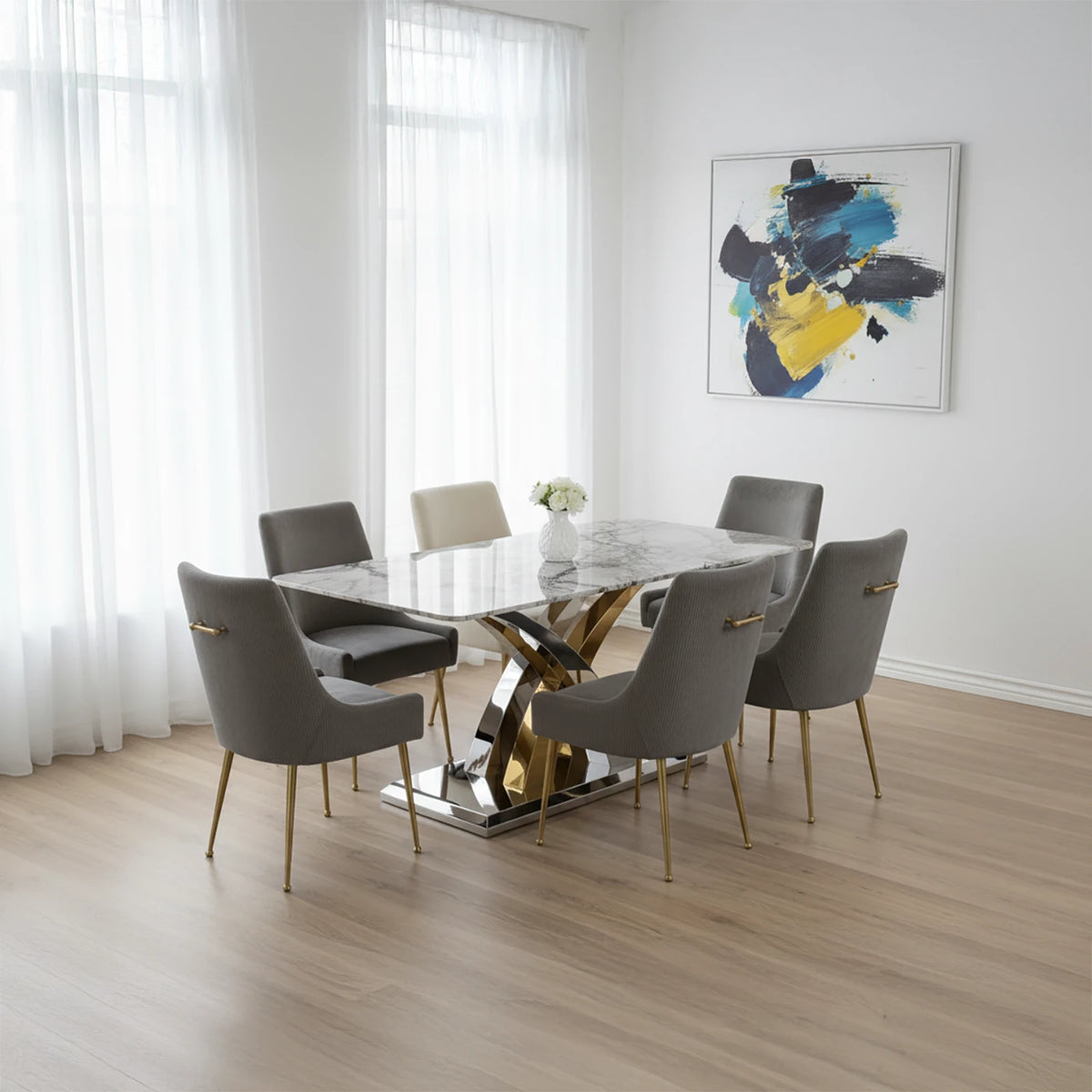 Dolce Grey Marble Dining Table with Mason Dark Grey Velvet Dining Chairs - Pendle Village Furniture