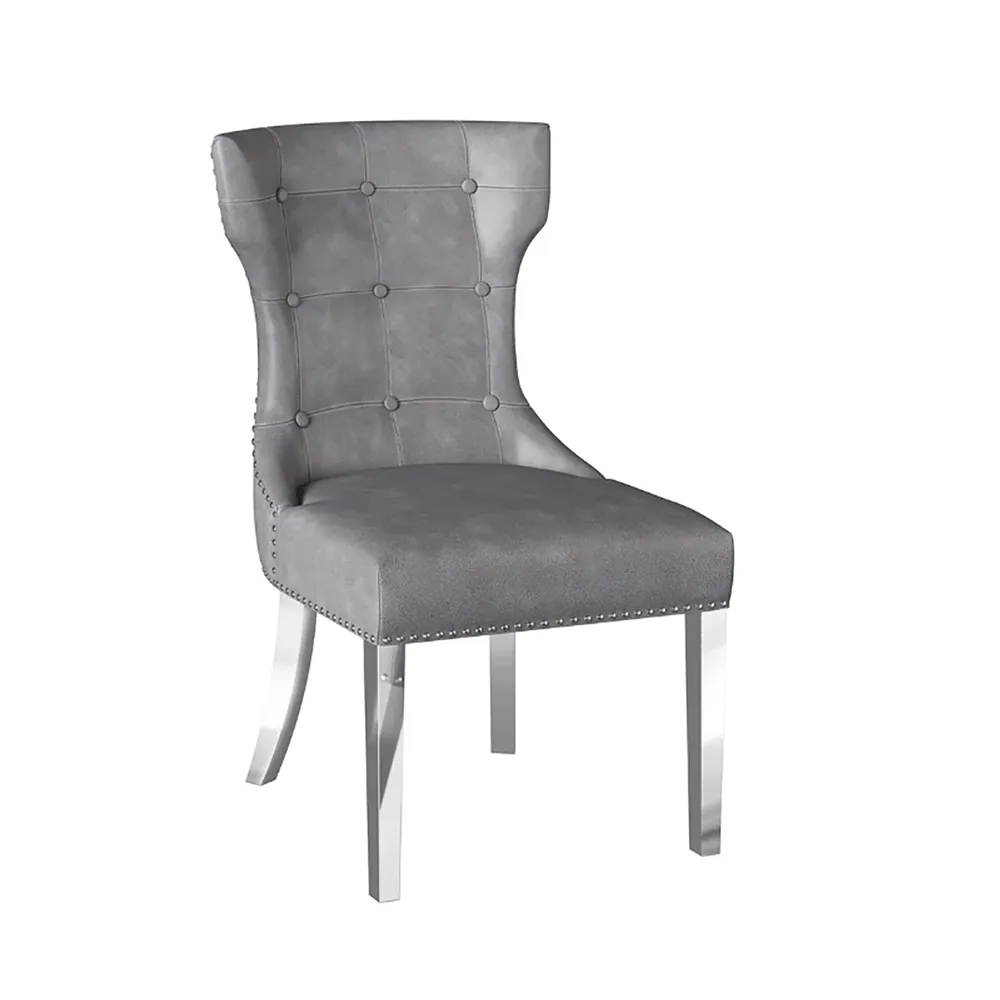 Modern Button ack Luxurious Grey Leather Dining Chairs