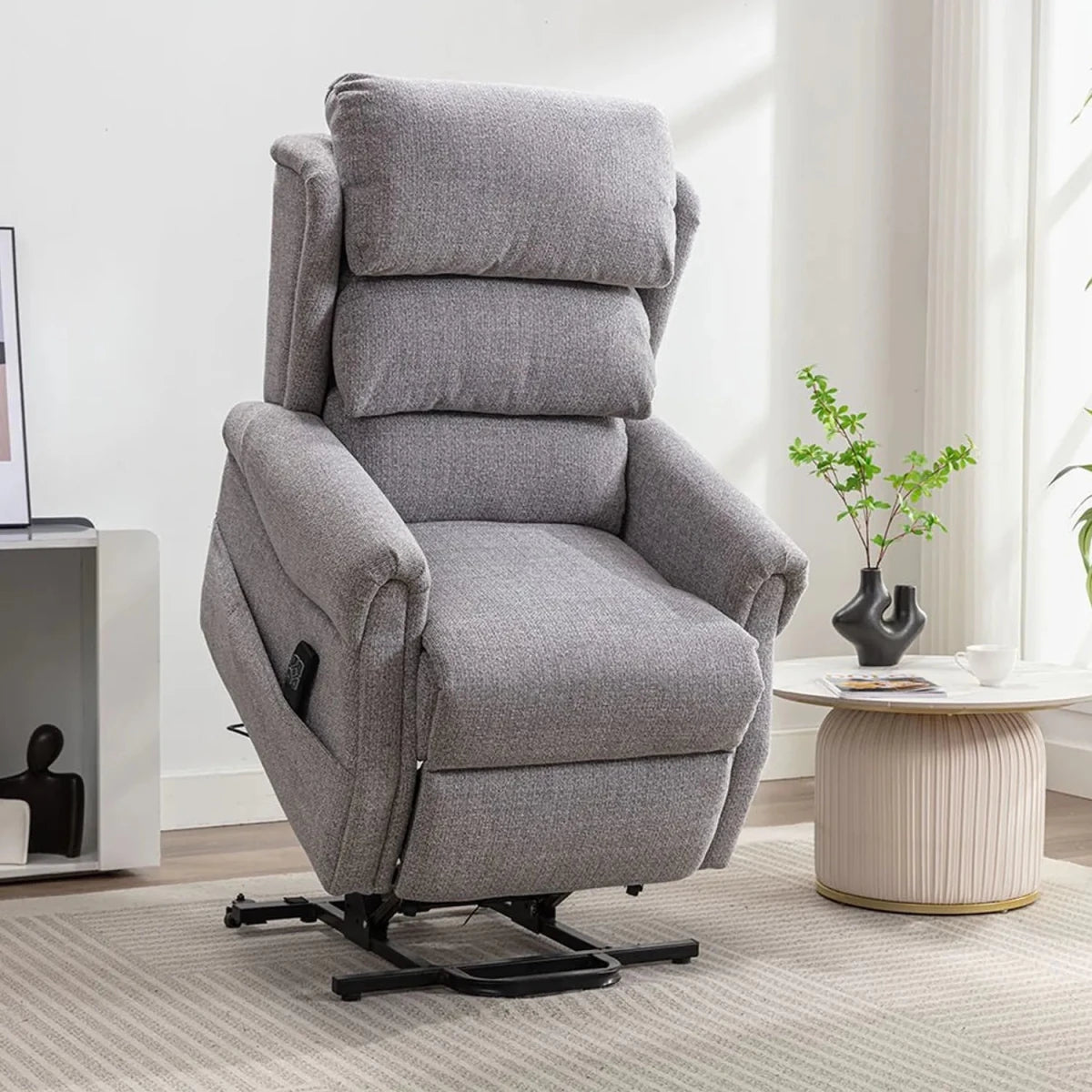 Dorchester Fabric Dual Motor Rise and Recline Chair in Grey Fabric in rising position 