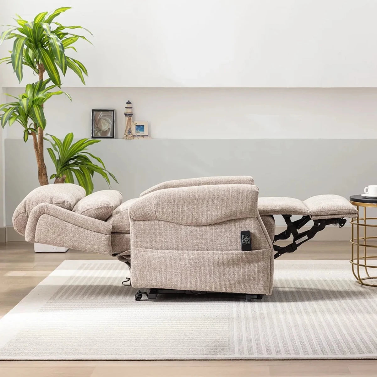 Dorchester Fabric Dual Motor Rise and Recline Chair in reclining position