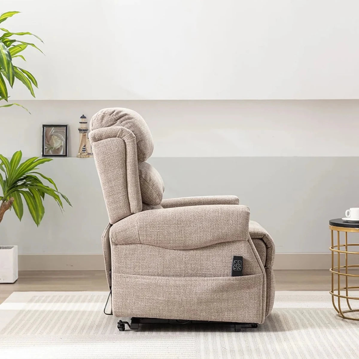 Side View of Dorchester Fabric Dual Motor Rise and Recline Chair showing Side Pocket for Remote Control 