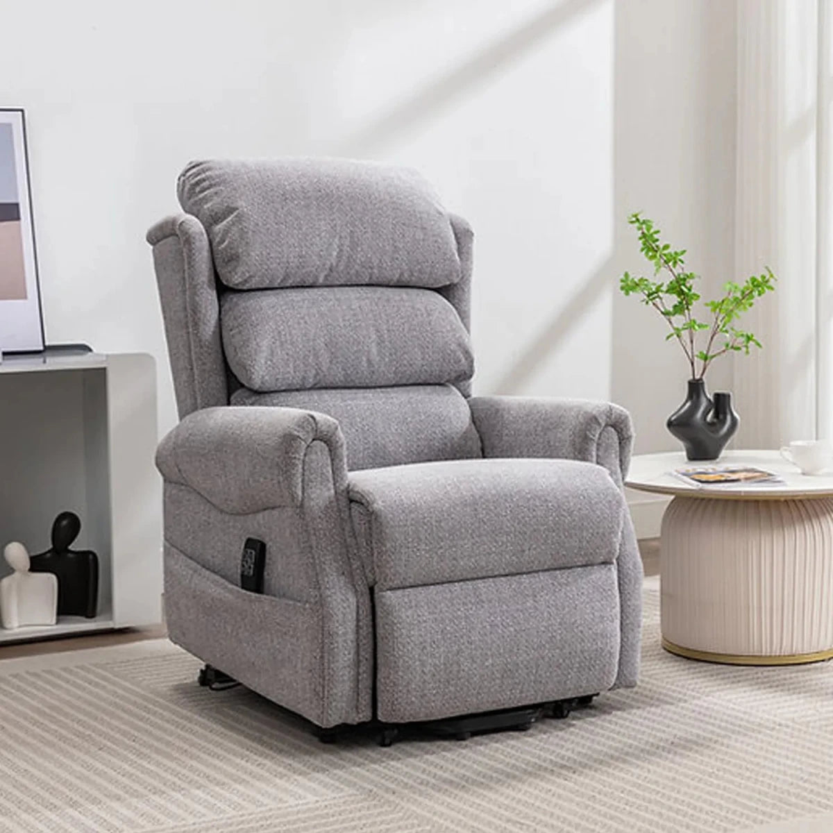 Dorchester Fabric Dual Motor Rise and Recline Chair in Cha Cha Dove fabric - Grey 