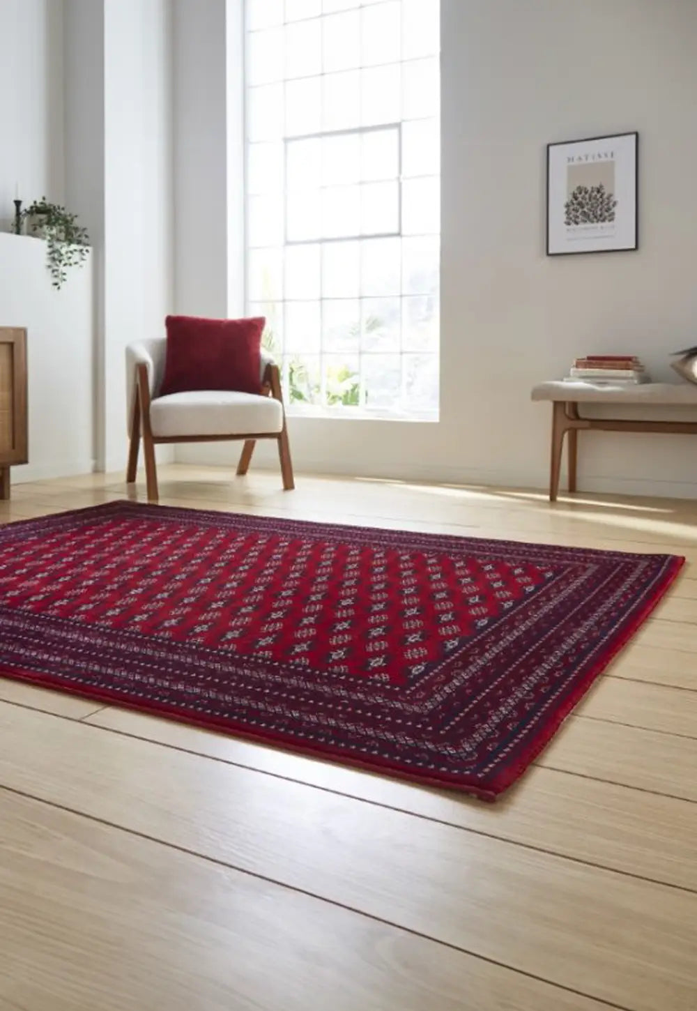 Dubai 62096 Traditional Patterned Border Rugs in Red - Angled Lifestyle Image 
