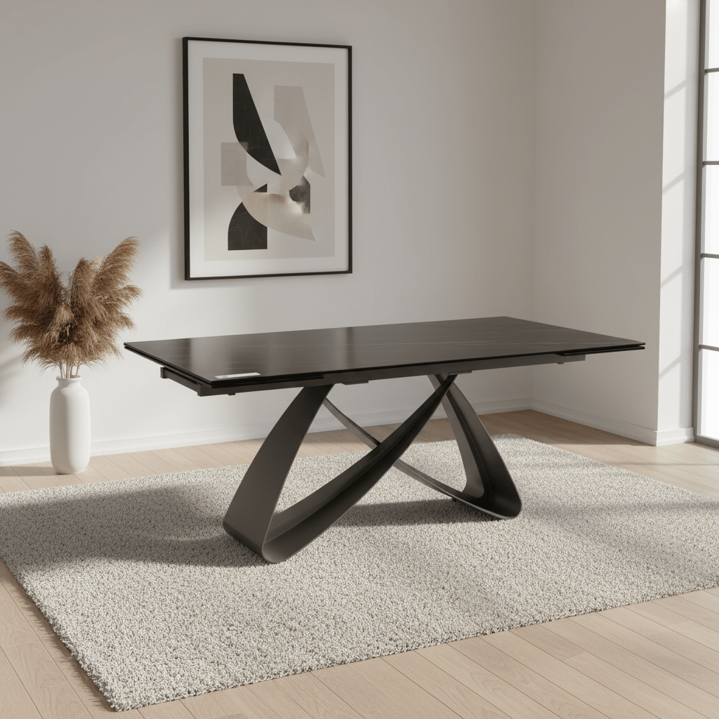 Modern black dining table in a room with abstract art and decor