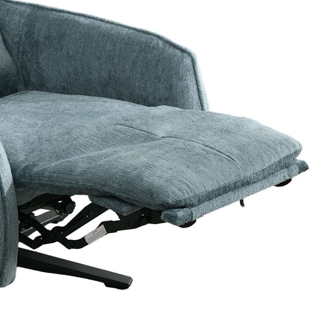 Close-up of a reclining armchair with a textured blue-gray fabric cushion and visible black mechanical support mechanism against a white background.