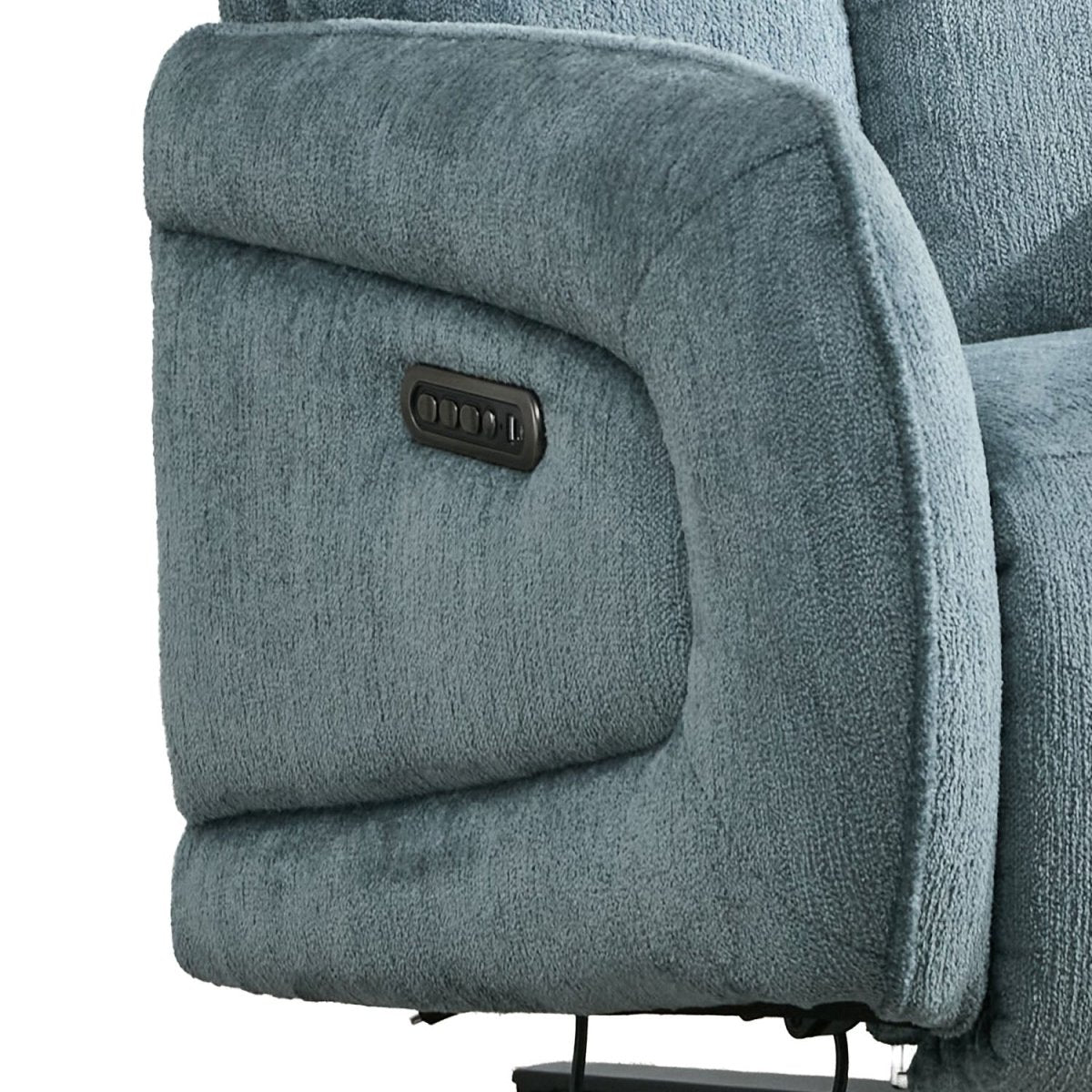 Close-up of a blue-gray textured recliner armrest with a dark control panel on the side, shown against a white background.