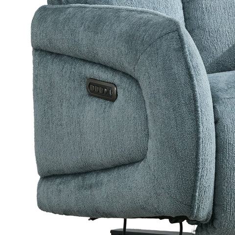 Close-up of a blue-gray textured recliner armrest with a dark control panel on the side, shown against a white background.