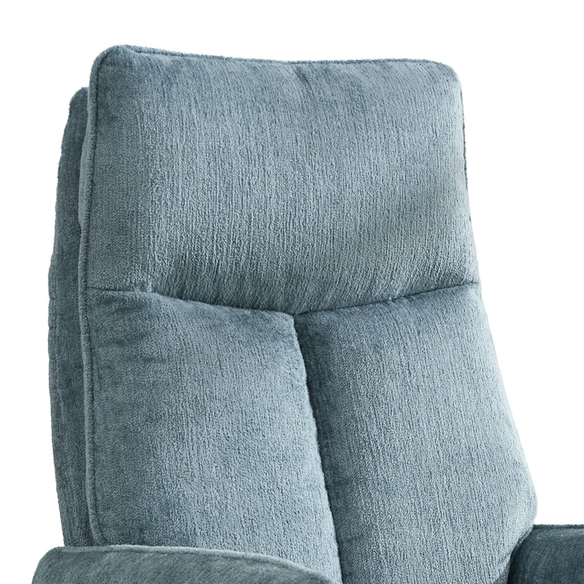 Close-up of a plush upholstered chair back in a textured blue-gray fabric, shown against a plain white background.