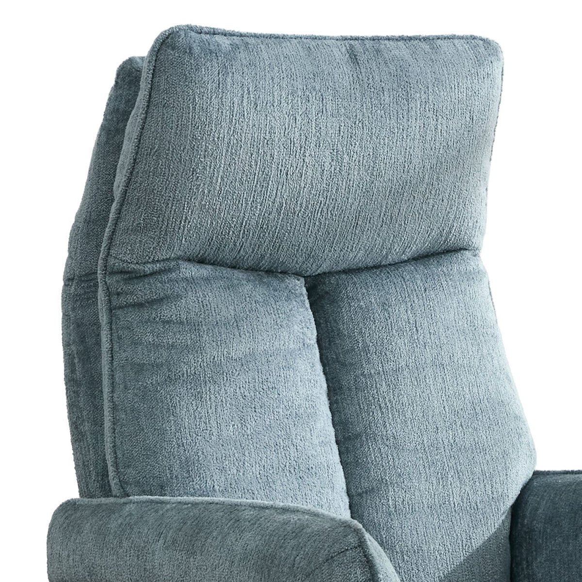 Close-up of a high-back upholstered chair with textured fabric in a muted blue-gray color, showing the backrest and arm area against a plain white background.
