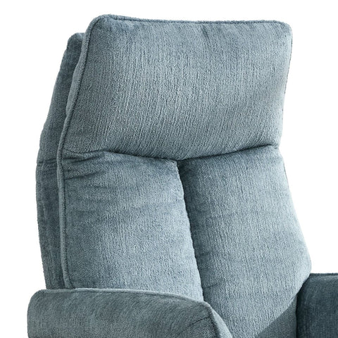 Close-up of a high-back upholstered chair with textured fabric in a muted blue-gray color, showing the backrest and arm area against a plain white background.