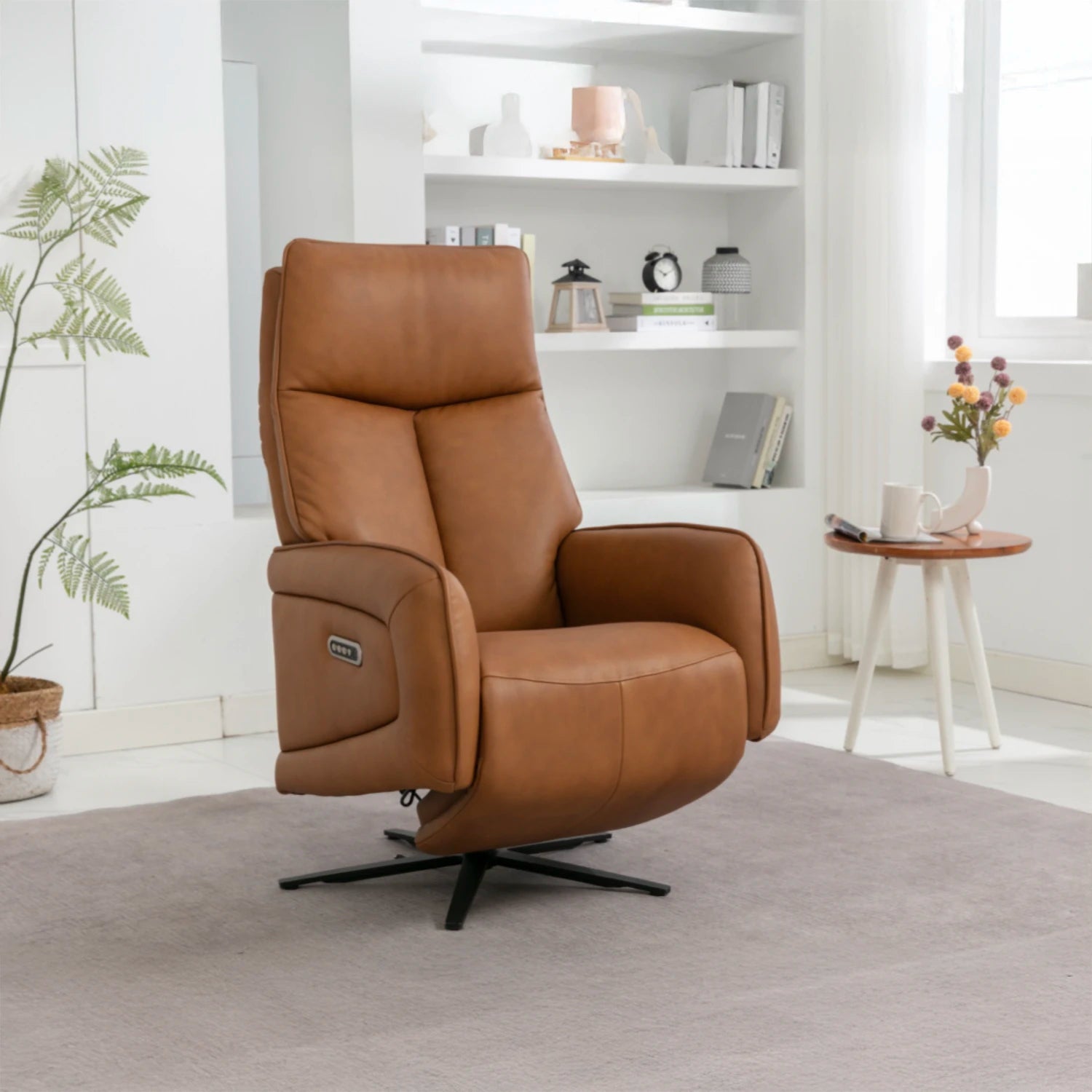 Dussel Camel Half Leather Triple Motor Swivel Recliner Chair - Pendle Village Furniture
