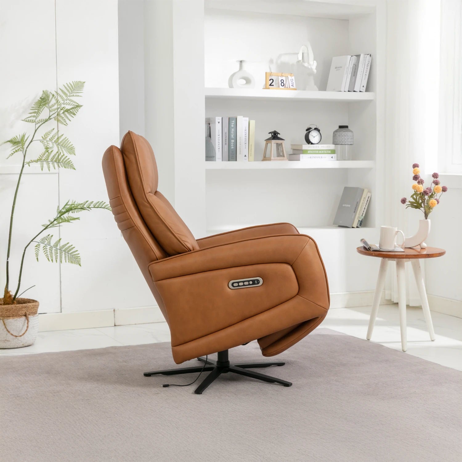 Dussel Camel Half Leather Triple Motor Swivel Recliner Chair - Pendle Village Furniture