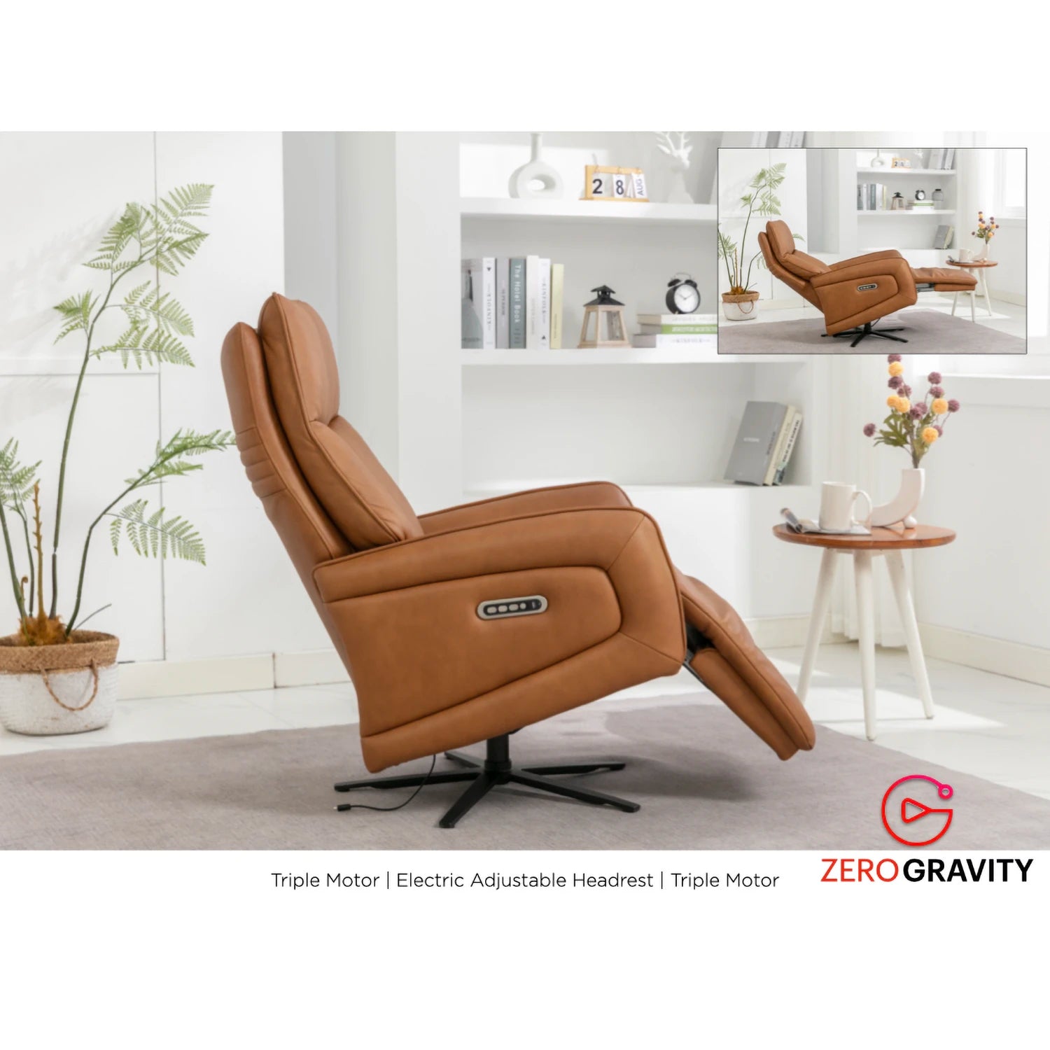Dussel Camel Half Leather Triple Motor Swivel Recliner Chair - Pendle Village Furniture