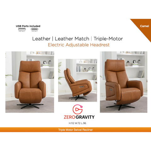Dussel Camel Half Leather Triple Motor Swivel Recliner Chair - Pendle Village Furniture