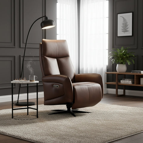 Dussel Dark Brown Half Leather Triple Motor Swivel Recliner Chair - Pendle Village Furniture