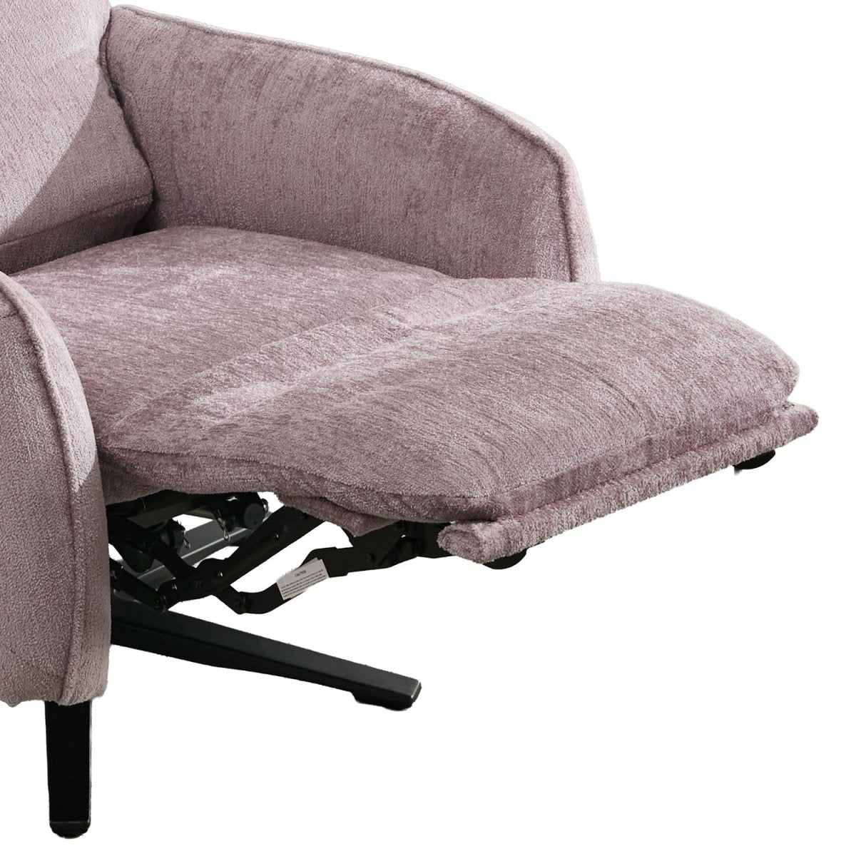 A close-up of a reclining armchair upholstered in textured mauve-purple fabric, with the footrest extended and a black metal support frame visible underneath, isolated on a white background.