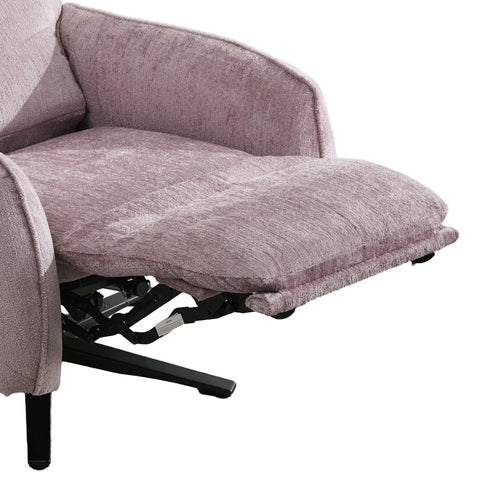 A close-up of a reclining armchair upholstered in textured mauve-purple fabric, with the footrest extended and a black metal support frame visible underneath, isolated on a white background.