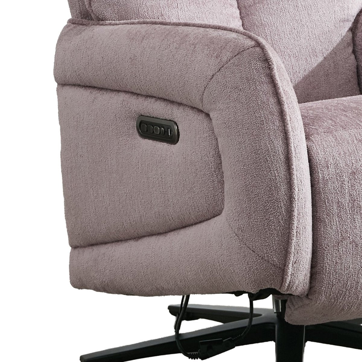 Close-up of a mauve textured recliner chair showing the side armrest with a black power control panel and part of the black wheeled base against a white background.