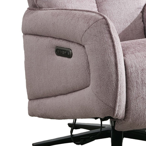 Close-up of a mauve textured recliner chair showing the side armrest with a black power control panel and part of the black wheeled base against a white background.