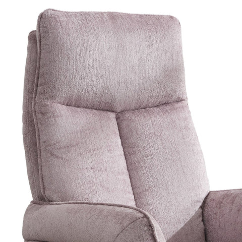 Close-up of a high-back upholstered chair or recliner in a textured dusty lavender-gray fabric, showing the backrest and upper armrest against a plain white background.