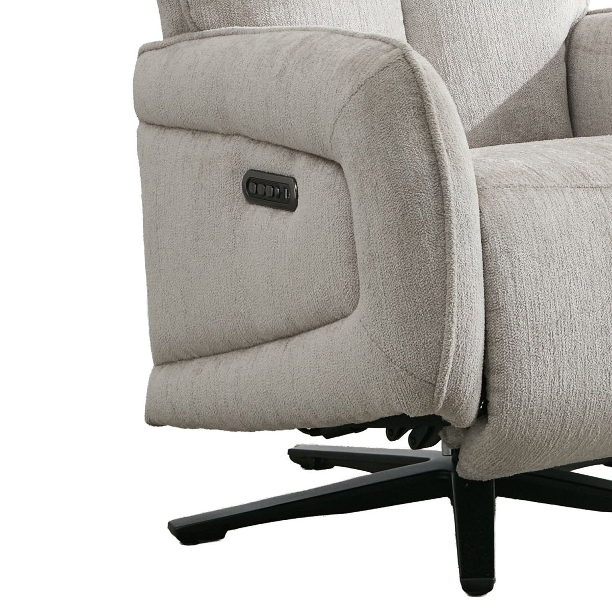 Close-up of a light beige textured fabric recliner chair showing the side bolster, power control panel, and black swivel base against a white background.