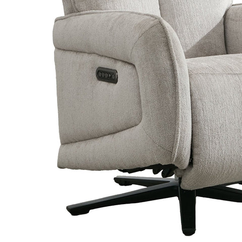 Close-up of a light beige textured fabric recliner chair showing the side bolster, power control panel, and black swivel base against a white background.