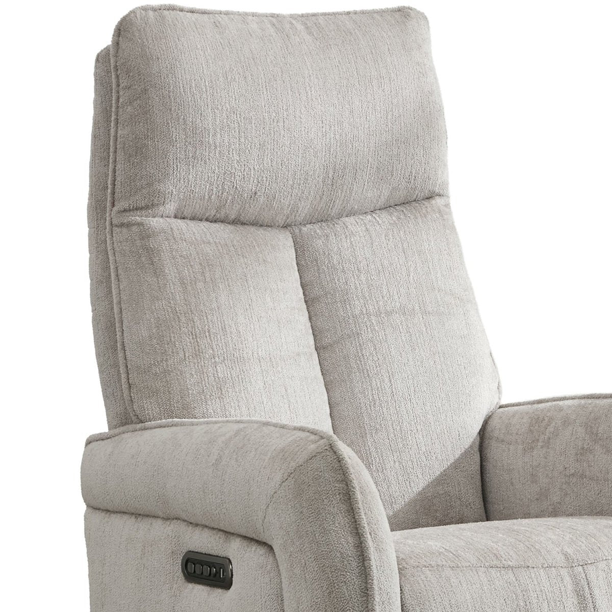 Close-up of a light gray upholstered recliner chair showing the backrest, armrest, and a small control panel on the side.