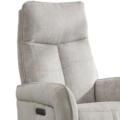 Close-up of a light gray upholstered recliner chair showing the backrest, armrest, and a small control panel on the side.