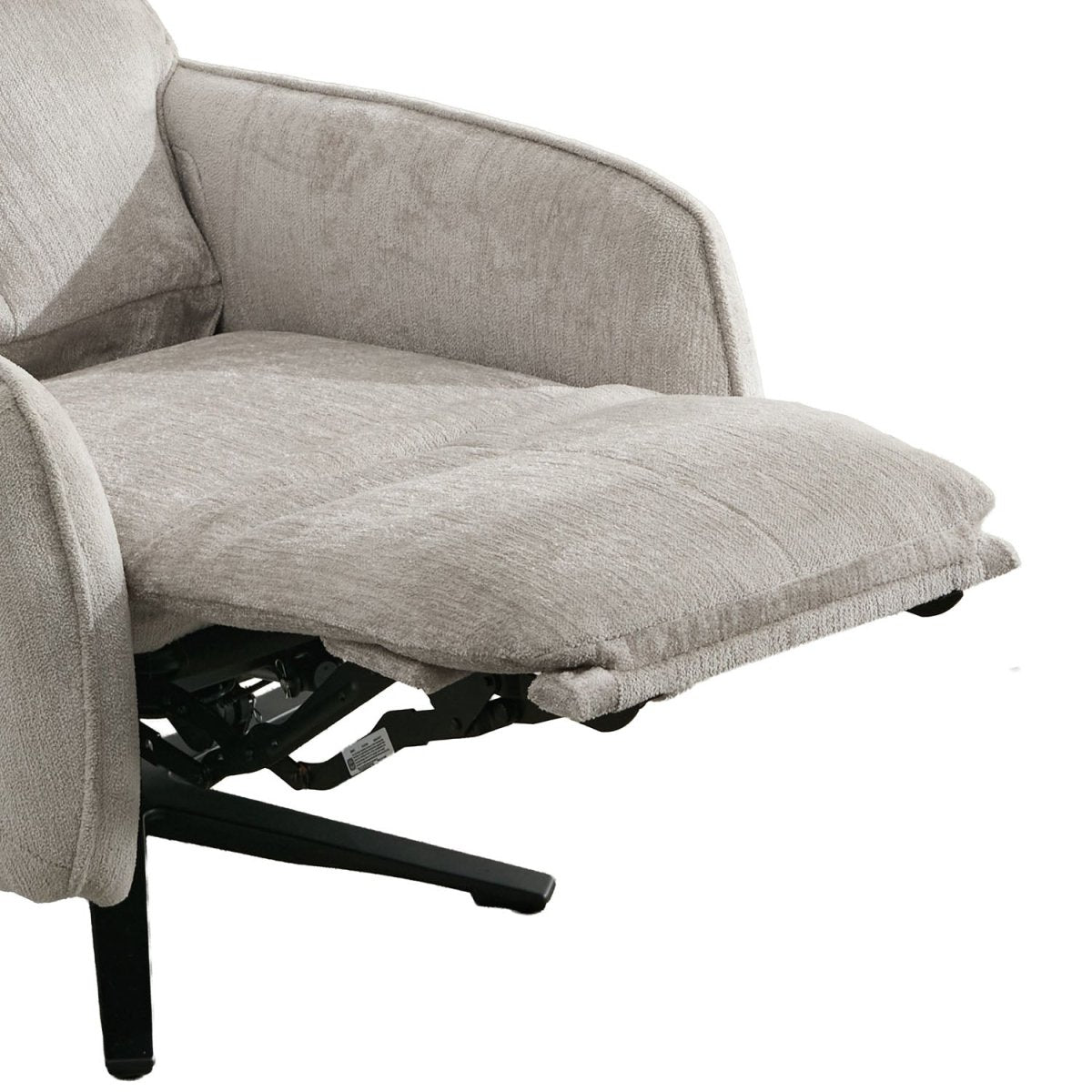 Close-up of a light gray upholstered recliner chair with the footrest extended, showing the fabric texture and black support mechanism against a white background.
