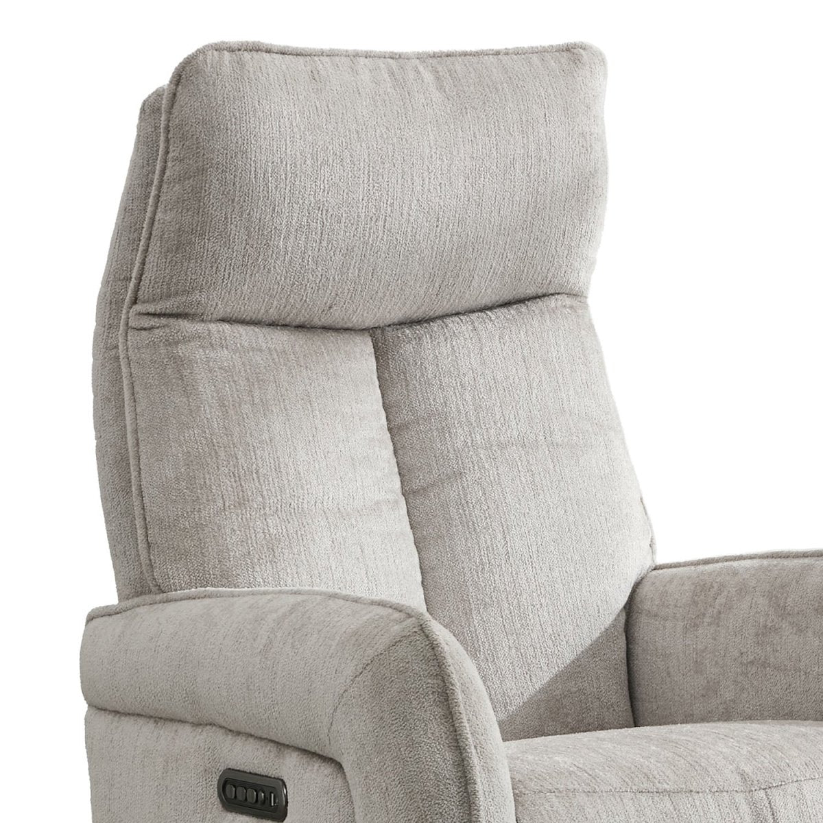 Close-up of a light gray upholstered recliner chair showing the backrest, armrest, and a small control panel on the side, photographed against a white background.