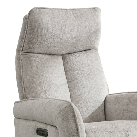 Close-up of a light gray upholstered recliner chair showing the backrest, armrest, and a small control panel on the side, photographed against a white background.