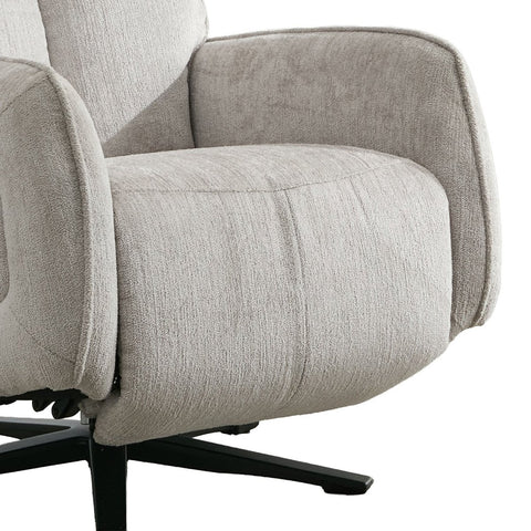 Close-up of a light beige textured fabric swivel recliner chair with a black five-star base, showing the armrest, seat cushion, and upholstery detail against a white background.
