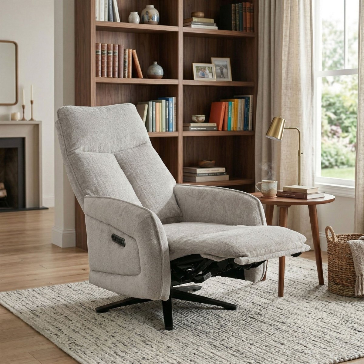 A light gray upholstered recliner chair with a footrest extended, shown in a styled living room setting with a wooden bookshelf, side table, lamp, rug, and window.