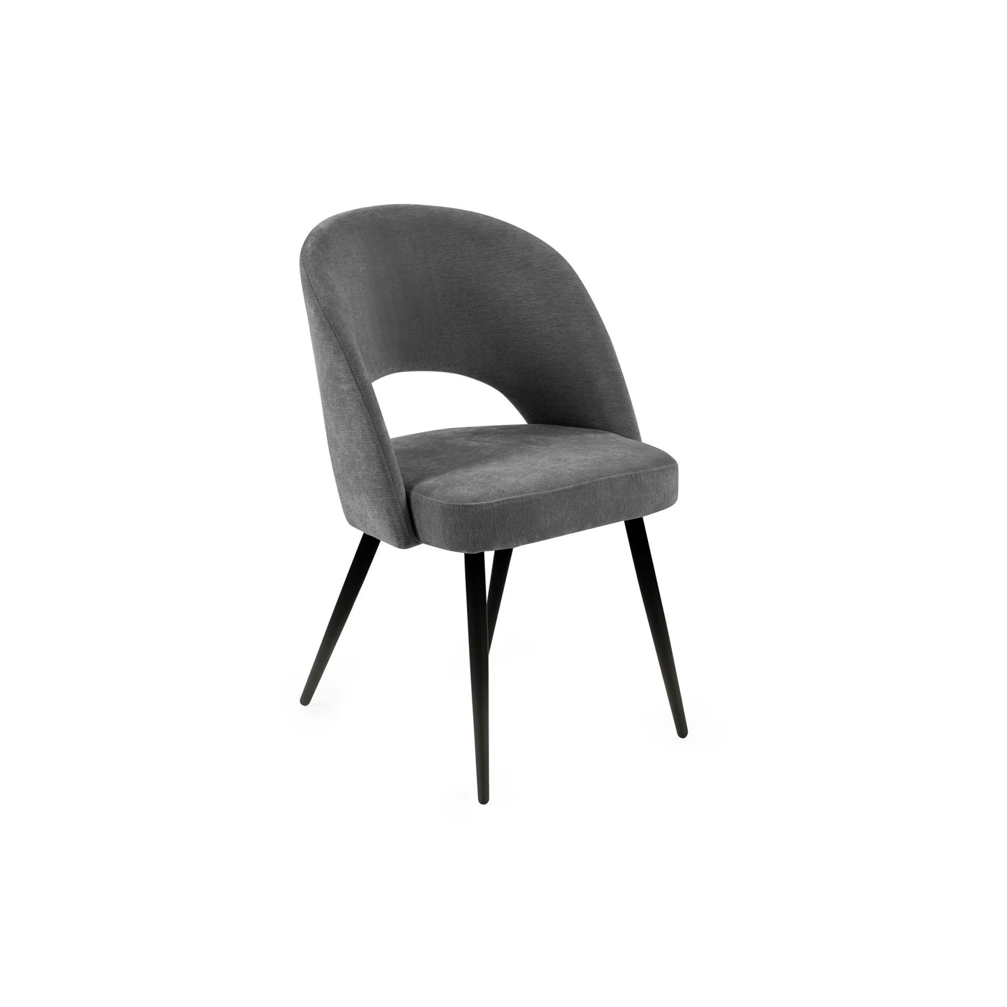 Elara Calico Grey Fabric Half Moon Back Dining Chairs with Black Metal Legs - Angle