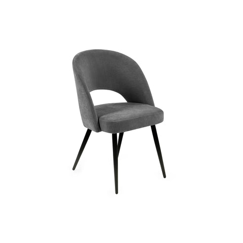 Elara Calico Grey Fabric Half Moon Back Dining Chairs with Black Metal Legs - Angle