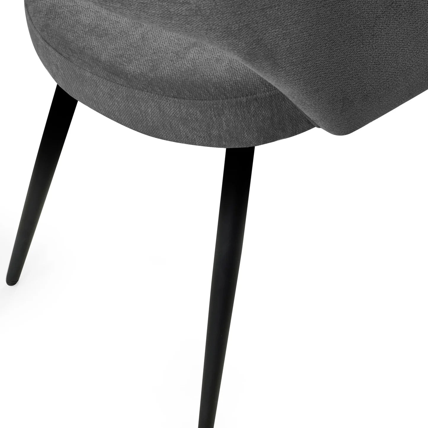 Close up Elara Calico Grey Fabric Half Moon Back Dining Chairs with Black Metal Legs