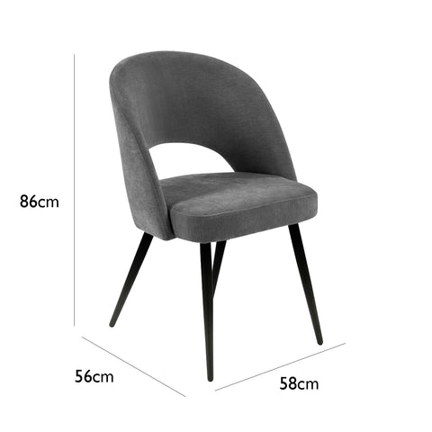 Elara Calico Grey Fabric Half Moon Back Dining Chairs with Black Metal Legs with dimensions labeled on a white background
