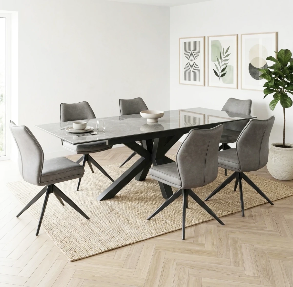 Kastonia Grey Extending Dining Table with 6 Quatro Swivel Chairs