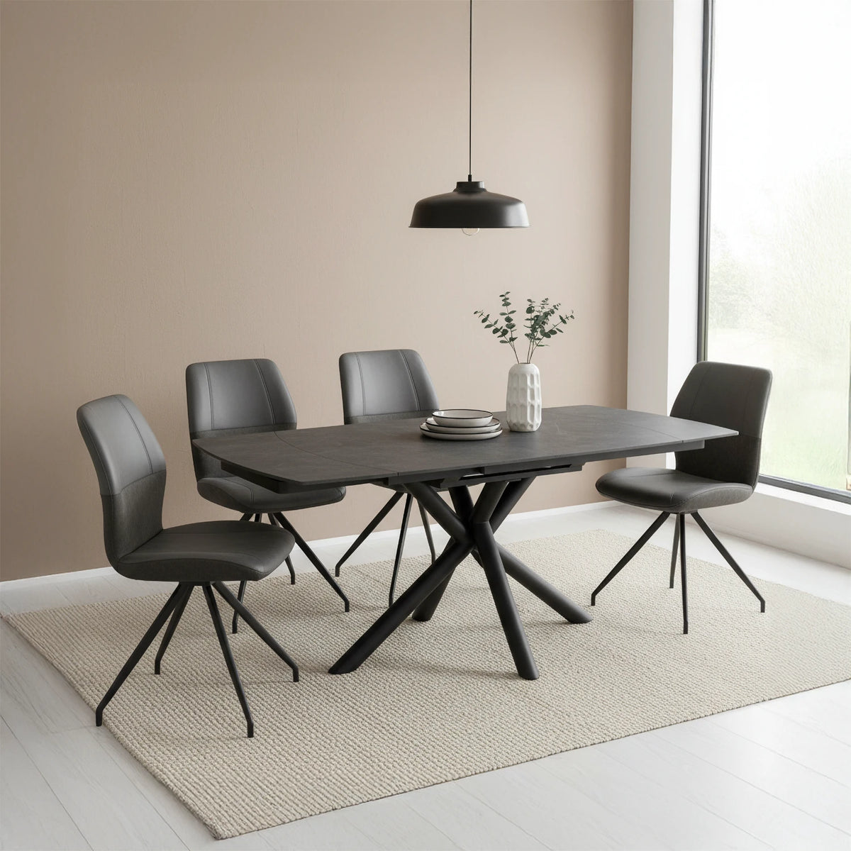 Galini Grey Extending Dining Table with 4 Kastonia Swivel Chairs