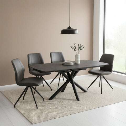 Galini Grey Extending Dining Table with 4 Kastonia Swivel Chairs