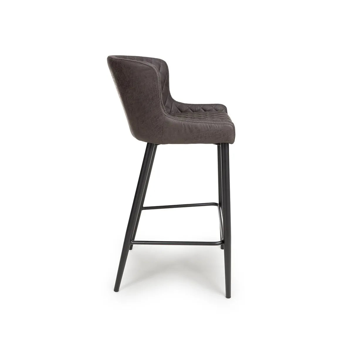 Side View Of Earth Grey Vintage Leather-Look Bar Stools with Black Legs